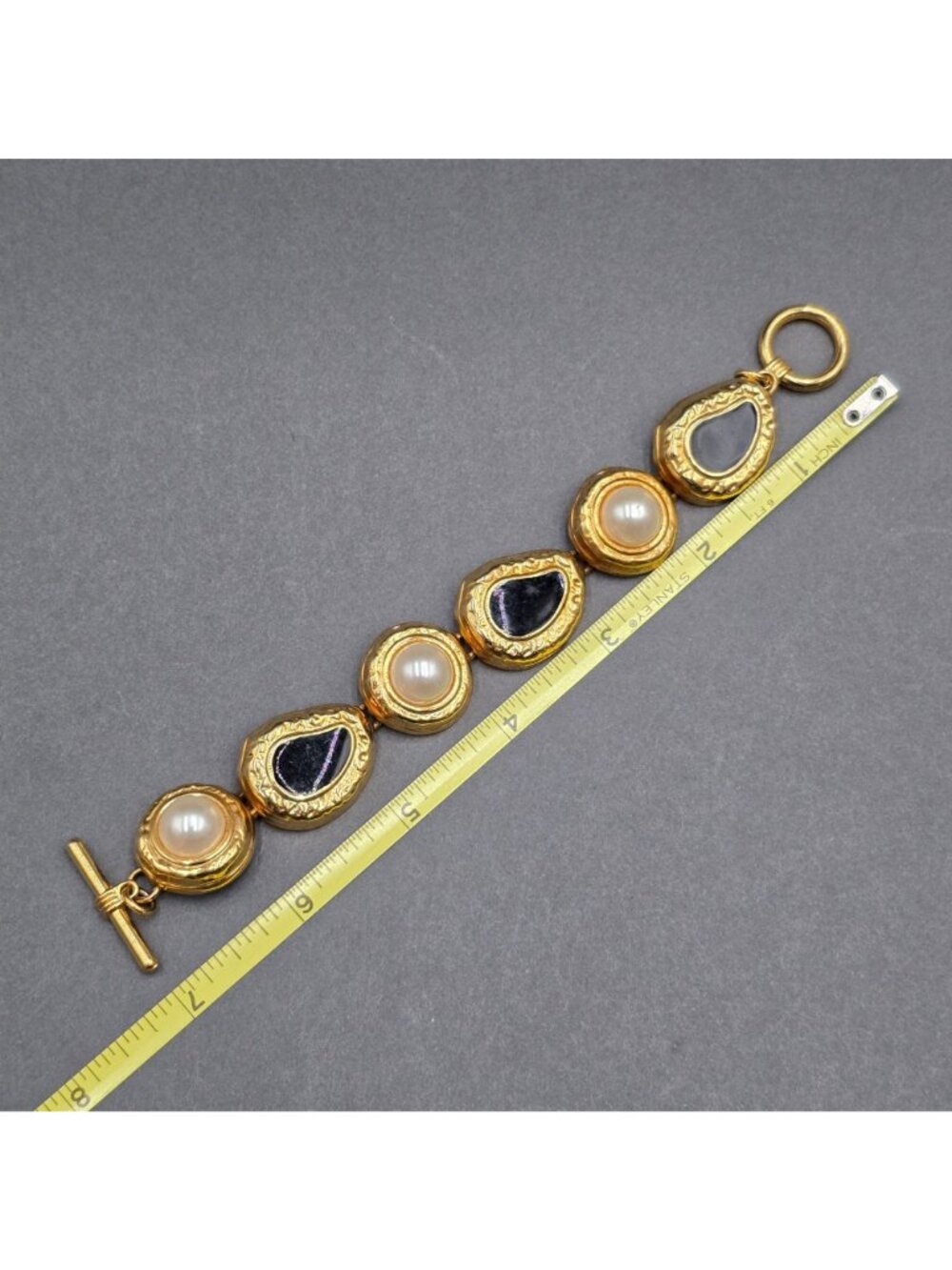 Vintage Gold Tone Black Enamel Faux Pearl Bracelet 7" Panel Link Statement - Picture 6 of 10